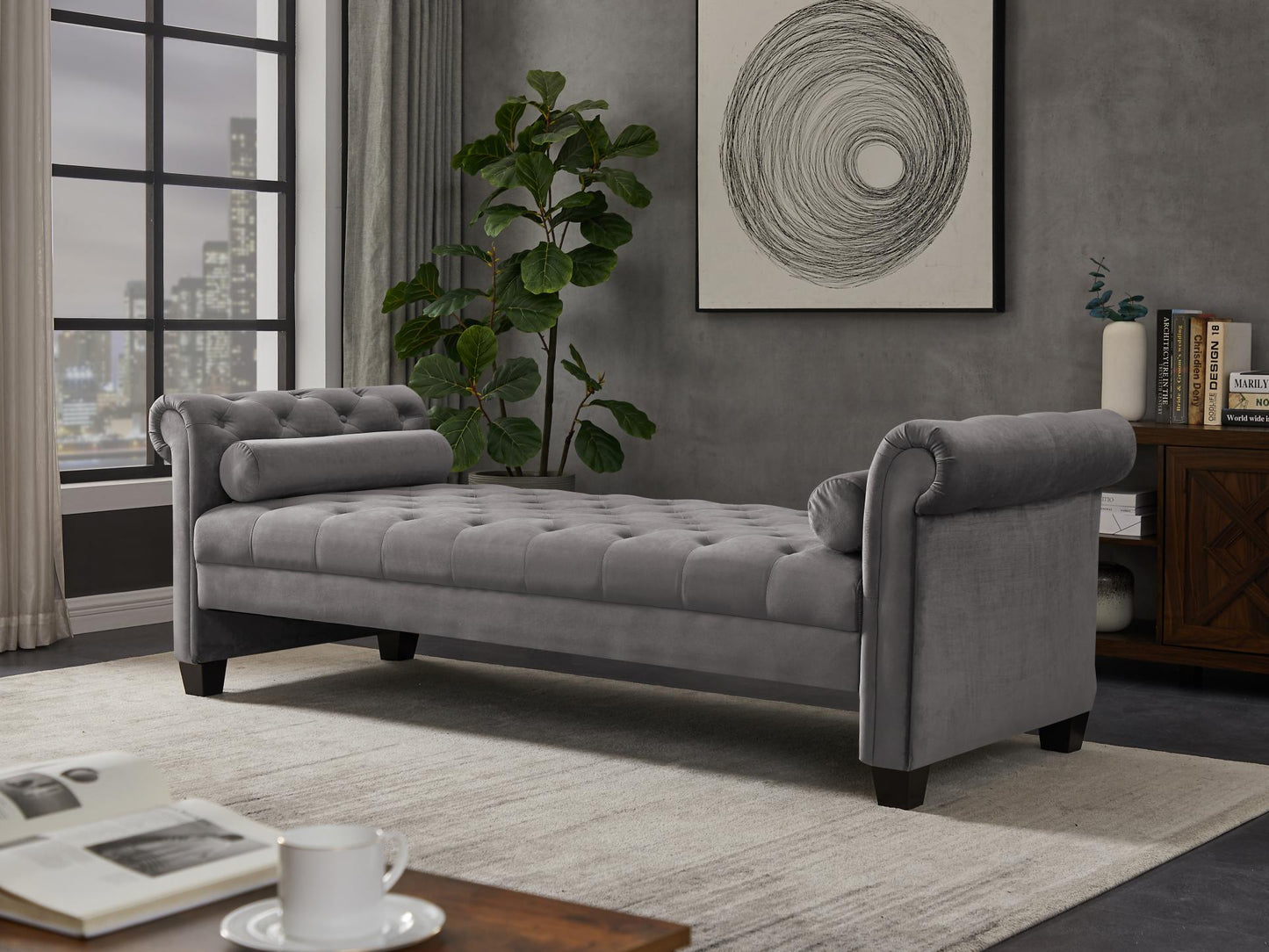 Dark Grey, Solid Wood Legs Velvet Rectangular Sofa Bench with Attached Cylindrical Pillows MLNshops]