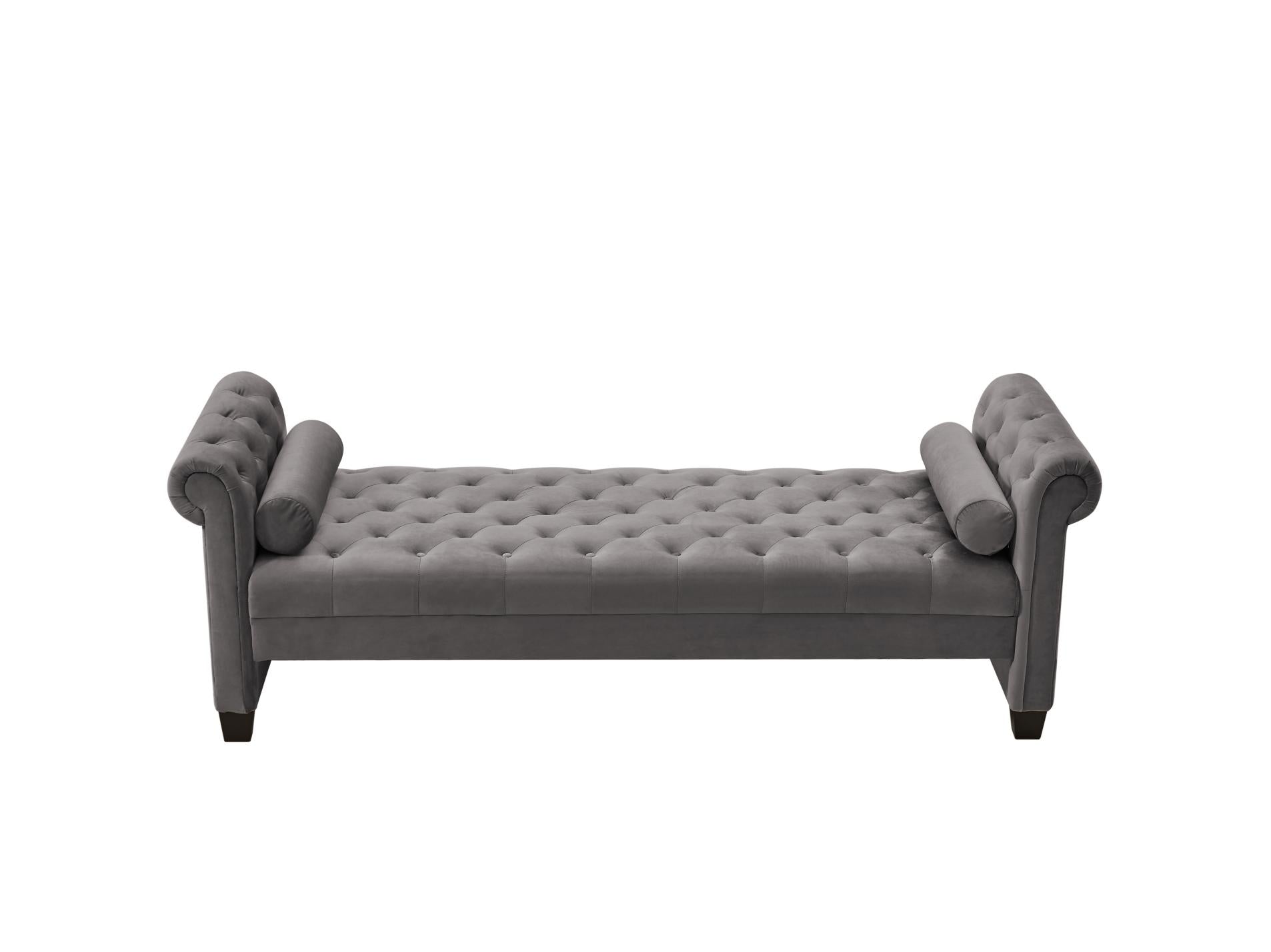 Dark Grey, Solid Wood Legs Velvet Rectangular Sofa Bench with Attached Cylindrical Pillows MLNshops]