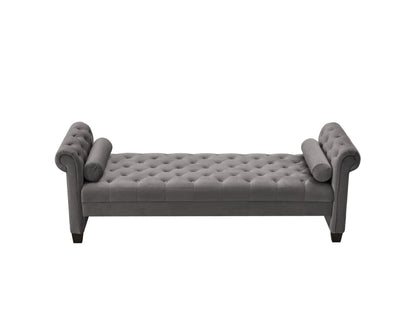 Dark Grey, Solid Wood Legs Velvet Rectangular Sofa Bench with Attached Cylindrical Pillows MLNshops]