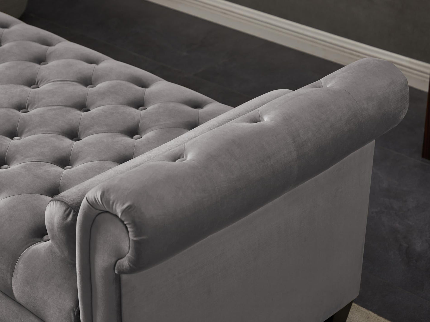 Dark Grey, Solid Wood Legs Velvet Rectangular Sofa Bench with Attached Cylindrical Pillows MLNshops]