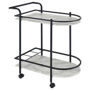 Faux marble serving cart with wine rack in black metal frame and two marble-look shelves, ideal for modern home entertaining.