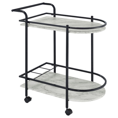Faux marble serving cart with wine rack in black metal frame and two marble-look shelves, ideal for modern home entertaining.