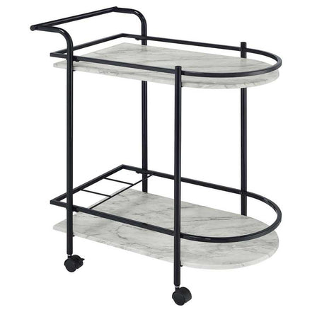 Faux marble serving cart with wine rack in black metal frame and two marble-look shelves, ideal for modern home entertaining.