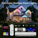 Outdoor eave lights shown installed on a house at dusk, with a smartphone app screen, remote control, and feature icons for adjustable speed, dimmable driver, direction reversible, flexible timing, and rhythm mode.