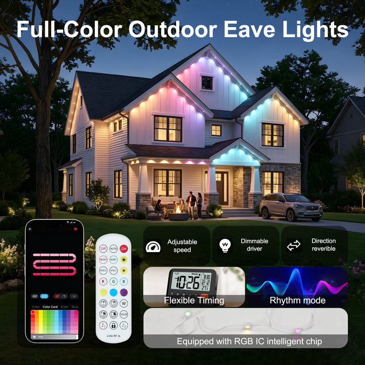 Outdoor eave lights shown installed on a house at dusk, with a smartphone app screen, remote control, and feature icons for adjustable speed, dimmable driver, direction reversible, flexible timing, and rhythm mode.