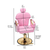 Pink barber-style chair with gold metal base and armrests, overlaid with height and width measurement lines and text labels on a white background.