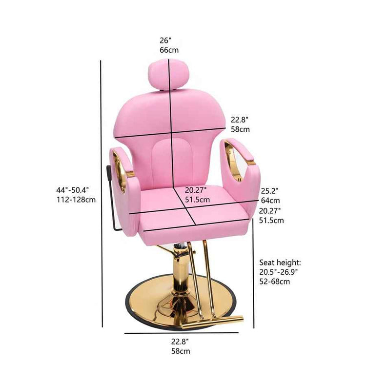 Pink barber-style chair with gold metal base and armrests, overlaid with height and width measurement lines and text labels on a white background.