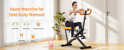 Woman using Squat Machine Home - Adjustable Resistance for Full Body Fitness with muscle groups targeted shown in icons.