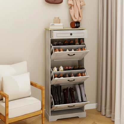Shoe Storage Cabinet with 1 Drawer, 3 Flip Drawers, Freestanding Shoe Cabinet Organizer with Adjustable Shelf, Shoe Cabinet for Entryway, Foyer, Slim Shoe Cabinet-Antique White