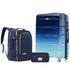 Blue suitcase and backpack on a white background