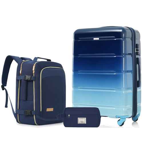 Blue suitcase and backpack on a white background