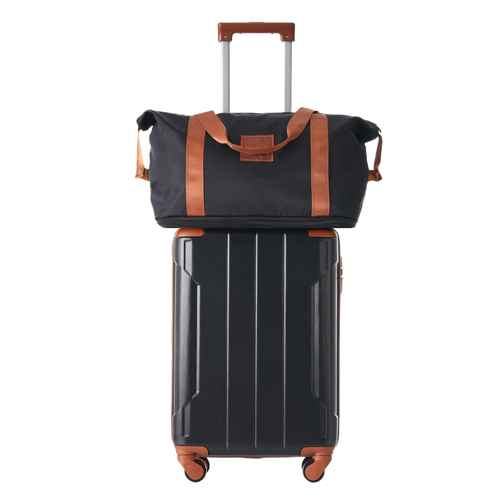 Black rolling travel duffel bag with brown accents and telescoping handle, suitable for business trips