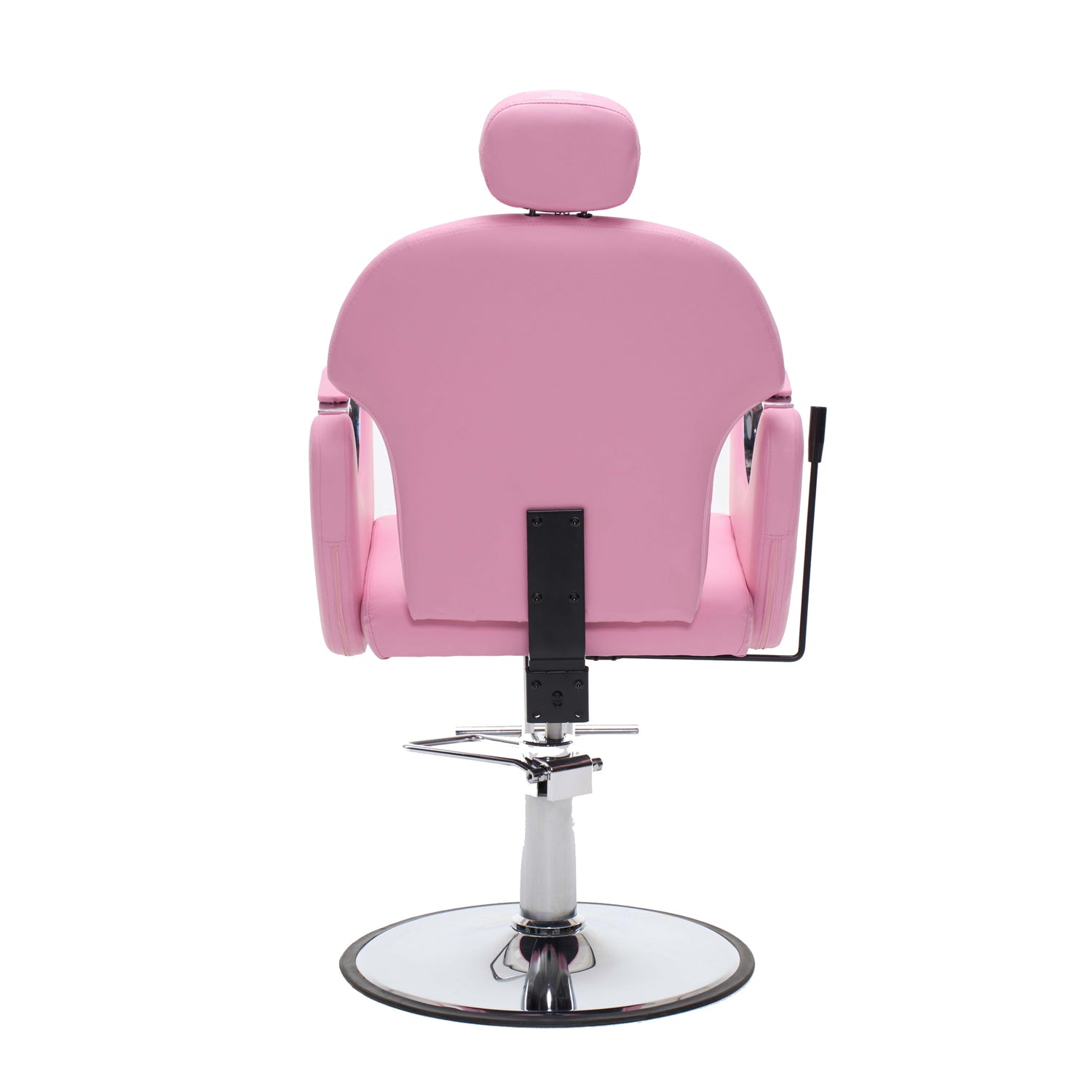 A pink salon barber chair with a matching headrest, upholstered in smooth pink vinyl, mounted on a chrome hydraulic lift base with a circular footplate.