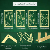 Product details of metal wall art with dimensions and features on a green background