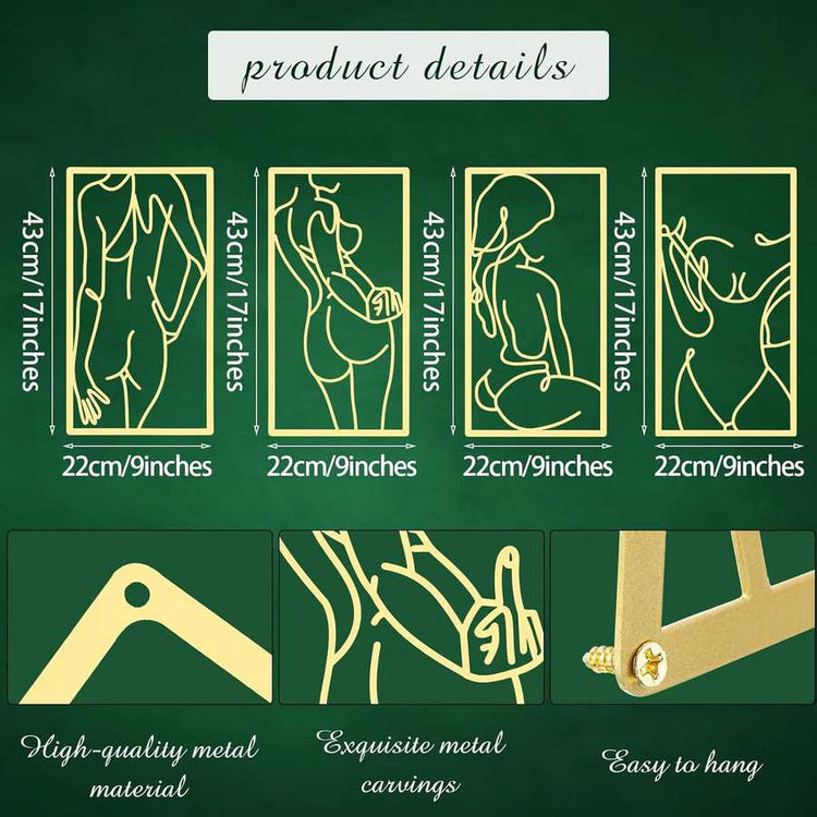 Product details of metal wall art with dimensions and features on a green background