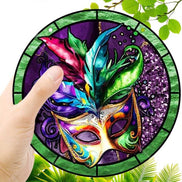 Close-up of hand holding Venetian Mask Hanging Ornament, showcasing its vibrant UV print and durable build for wall art decor.