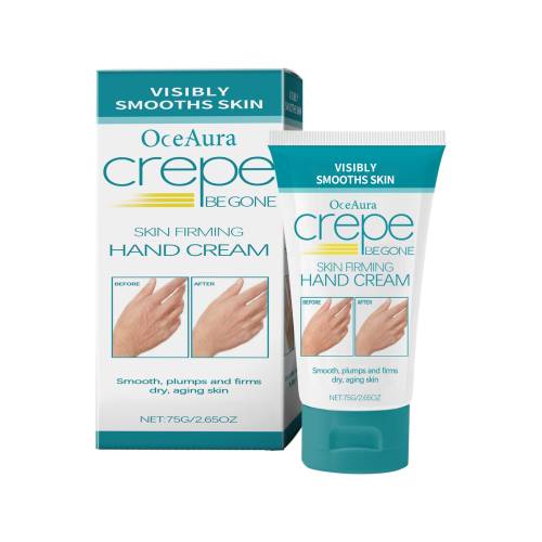 OceAura Crepe Begone skin firming hand cream packaging on a white background