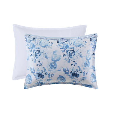 Close-up of floral and white pillow shams from the Twin Floral Striped Duvet Cover Set - Twin Duvet Cover Set Floral, featuring blue rose patterns.