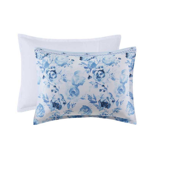 Close-up of floral and white pillow shams from the Twin Floral Striped Duvet Cover Set - Twin Duvet Cover Set Floral, featuring blue rose patterns.