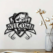 Fishing-inspired metal wall decor with welcome sign