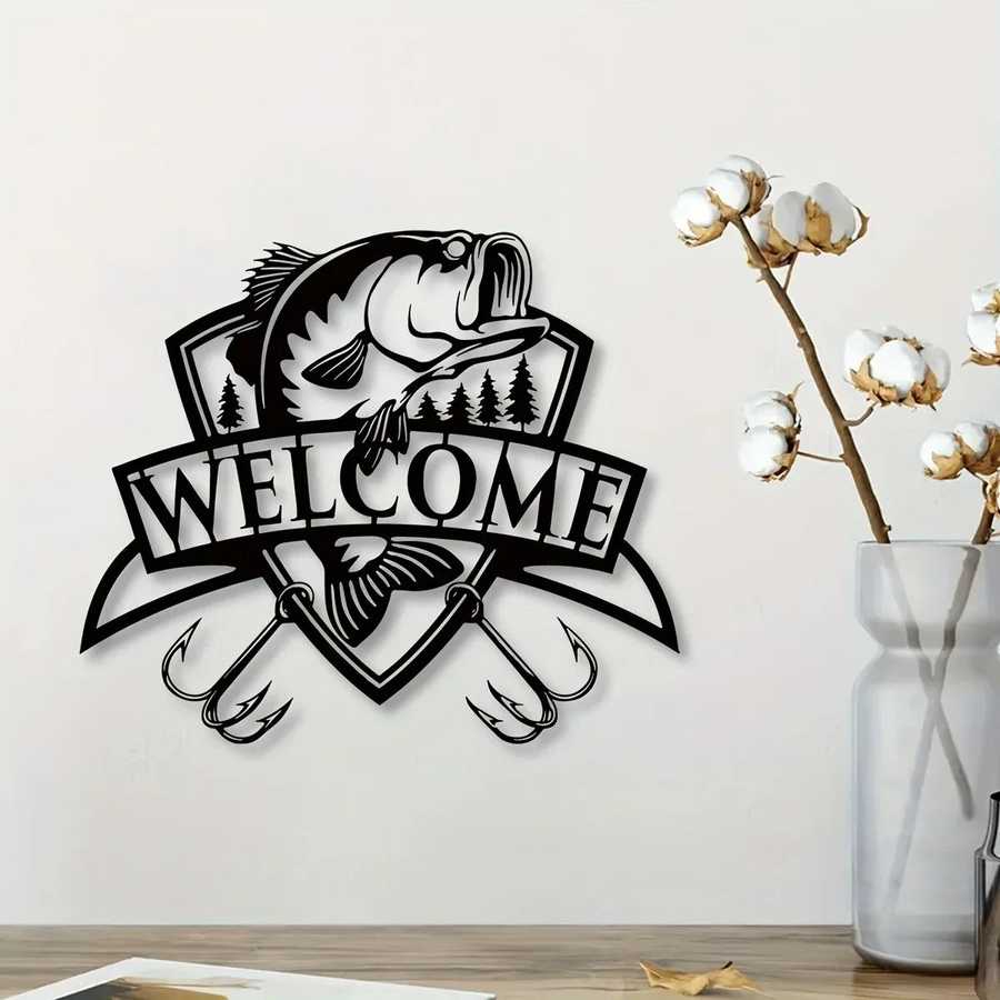 Fishing-inspired metal wall decor with welcome sign