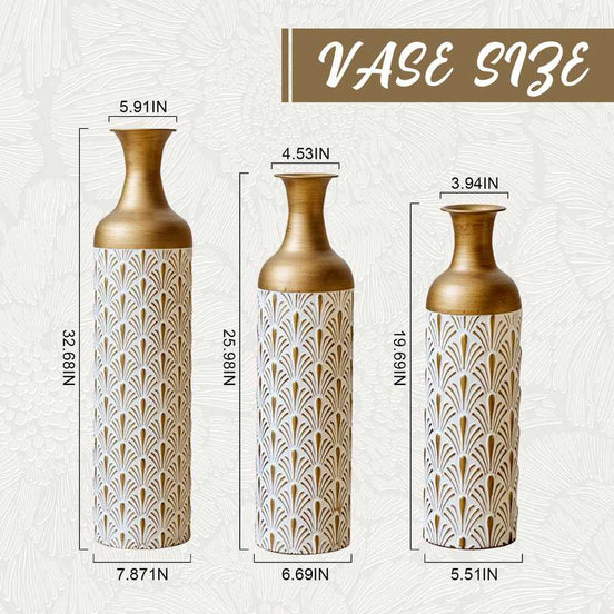 Size chart of 3 metal floor vases showing height and diameter, featuring gold and white design for stylish home decoration.