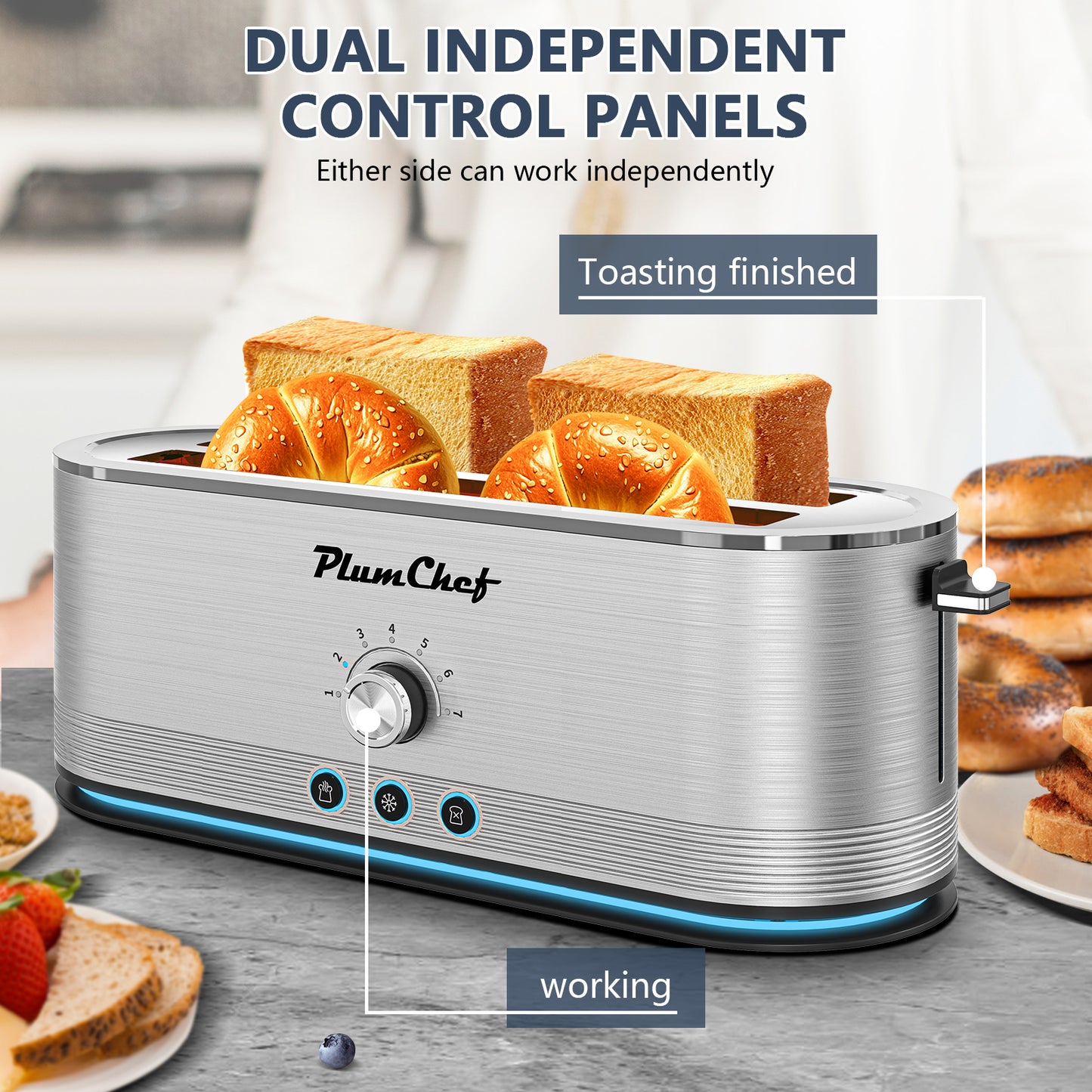 4-Slice Stainless Steel Toaster featuring dual independent control panels for separate toasting, perfect for customized breakfast options.