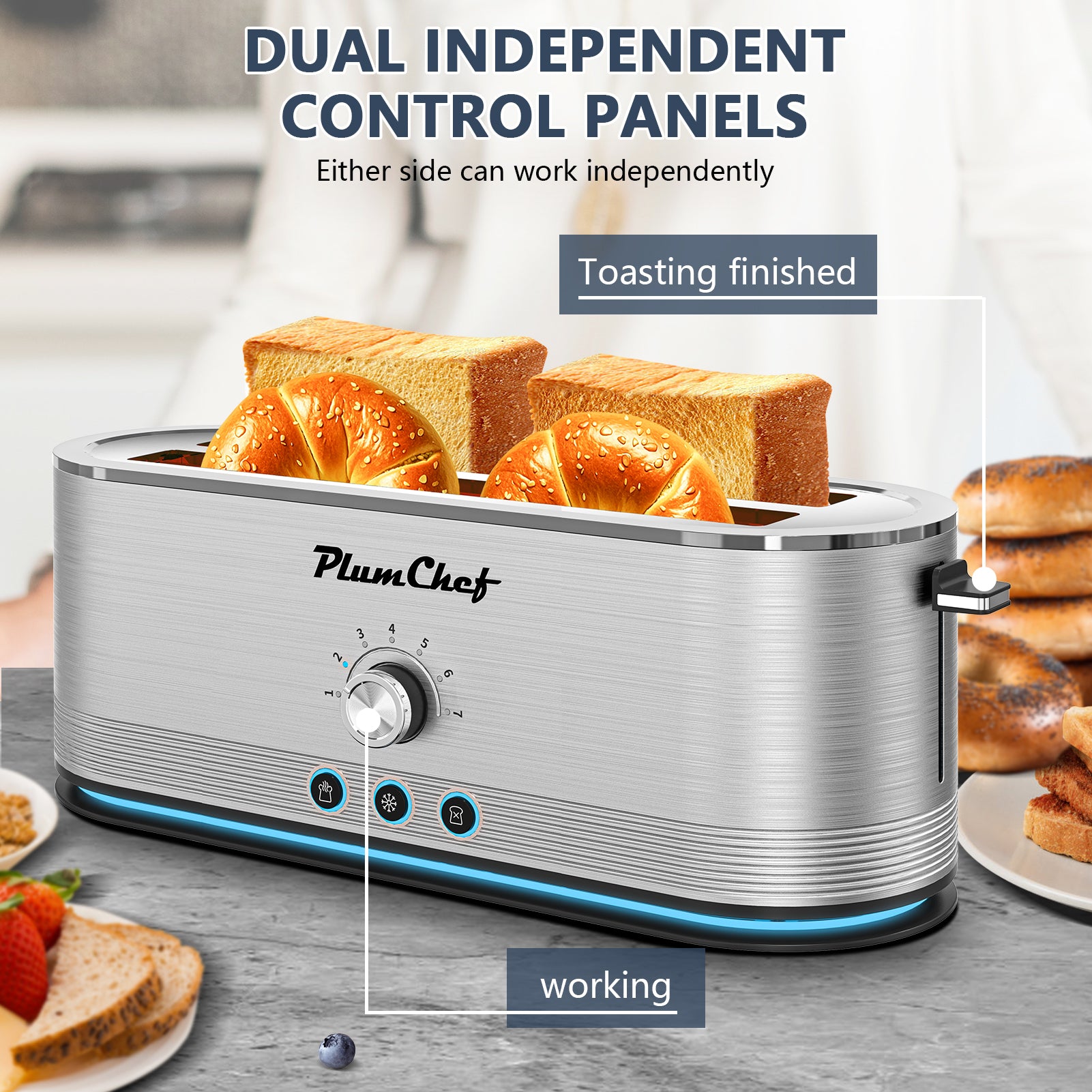 4-Slice Stainless Steel Toaster featuring dual independent control panels for separate toasting, perfect for customized breakfast options.