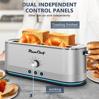 4-Slice Stainless Steel Toaster featuring dual independent control panels for separate toasting, perfect for customized breakfast options.