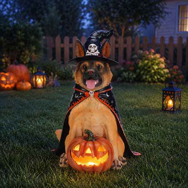 A German Shepherd dog wearing a witch costume sits on a grassy backyard lawn at dusk, holding a glowing jack-o&