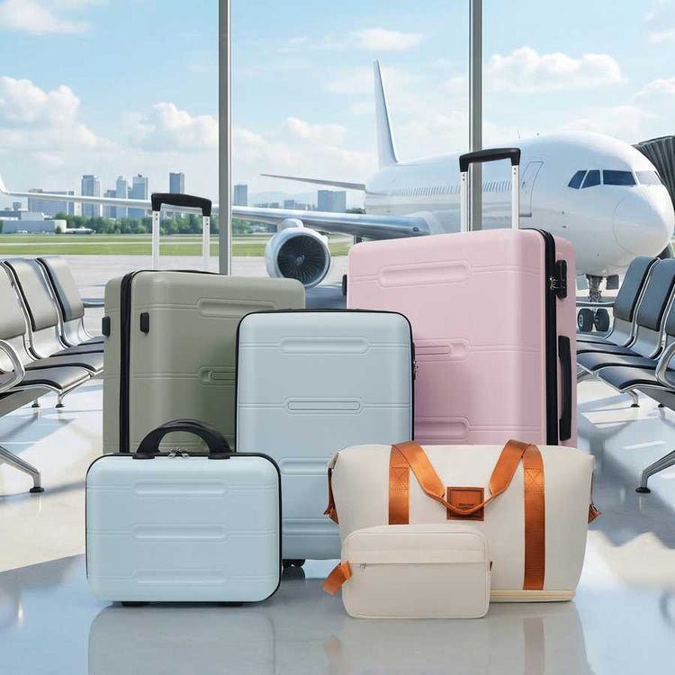 Set of suitcases in front of an airplane at an airport terminal