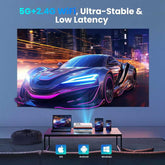 FUDONI Smart Projector displaying vibrant cityscape with WiFi and Bluetooth icons