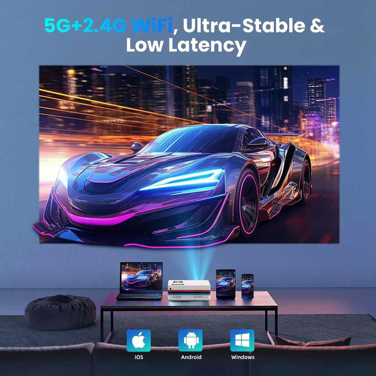 FUDONI Smart Projector displaying vibrant cityscape with WiFi and Bluetooth icons