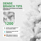 White artificial Christmas tree with dense branch tips and text describing features.