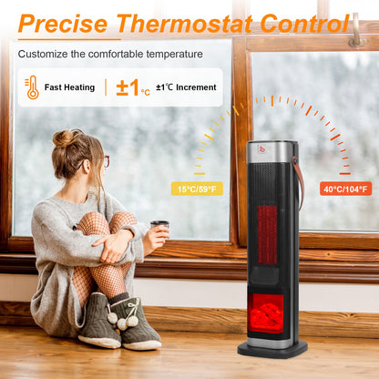 Portable Space Heaters for Indoor Use Large Room, 1500W Oscillating Ceramic Tower Space Heater with 3D Flame Portable Electric Heater with 3 Wind Modes 59-104℉Heating Remote Control 12H Timer Overheat Tip-Over Protection for Bedroom Office