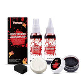 A fake blood makeup kit with two bottles of fake blood, a box, a jar of fake blood, a round sponge, and a small black applicator sponge on a white background.