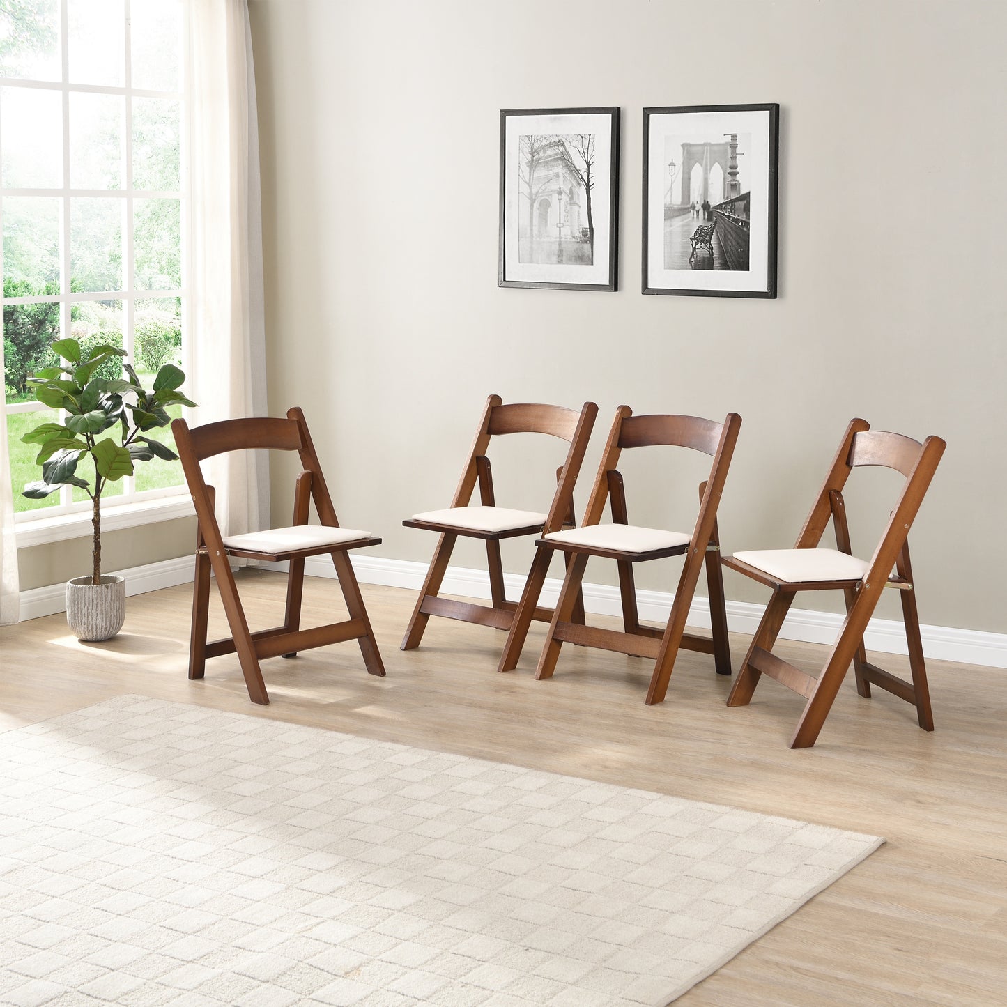 Solid Wood Upholstered Folding Chair Set - Space Saving & Easy to Carry - Walnut Shelf with Beige Cushion - 4PCS for Dining Room