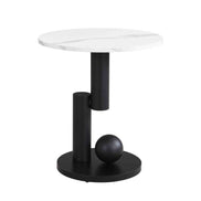Round end table from Nesting Coffee Table Set with white marble-style top and modern black iron base, ideal for compact living spaces.