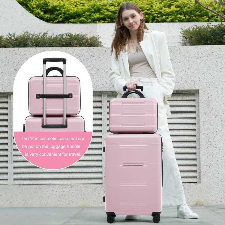 Woman holding a pink suitcase with a cosmetic case attached, standing outdoors.