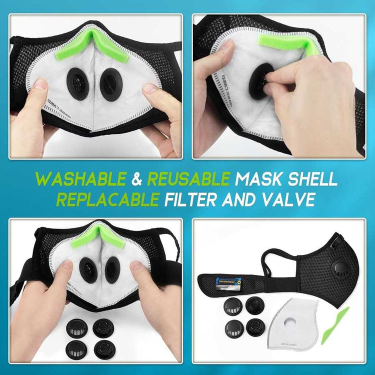 Washable and reusable mask shell with replaceable filter and valve on a blue background.
