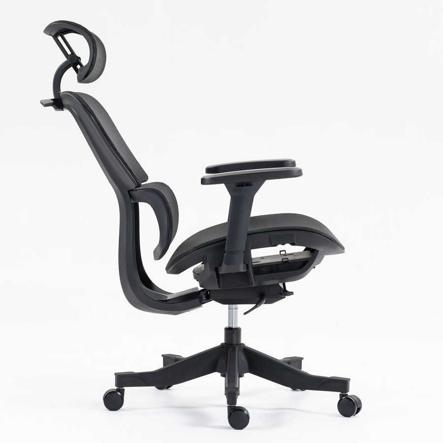 Side profile of ergonomic high back mesh office chair with adjustable recline, armrests, and headrest for optimal office comfort.