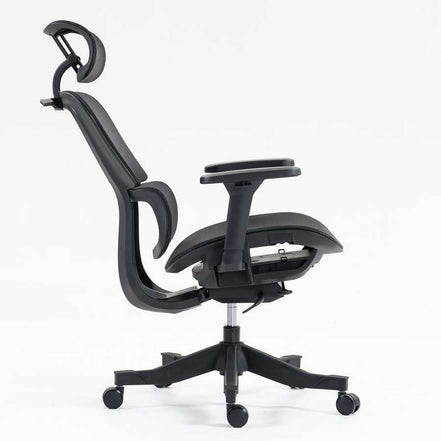 Side profile of ergonomic high back mesh office chair with adjustable recline, armrests, and headrest for optimal office comfort.