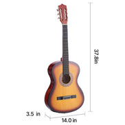 Classical guitar with dimensions 37.8 inches tall, 14 inches wide, 3.5 inches deep, suitable for beginners in arts and entertainment