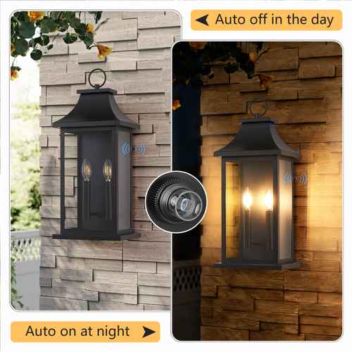 Outdoor wall lantern light shown in a split comparison: left side daytime appearance mounted on a light stone wall, right side nighttime appearance glowing warmly against a darker stone wall. Includes text labels &