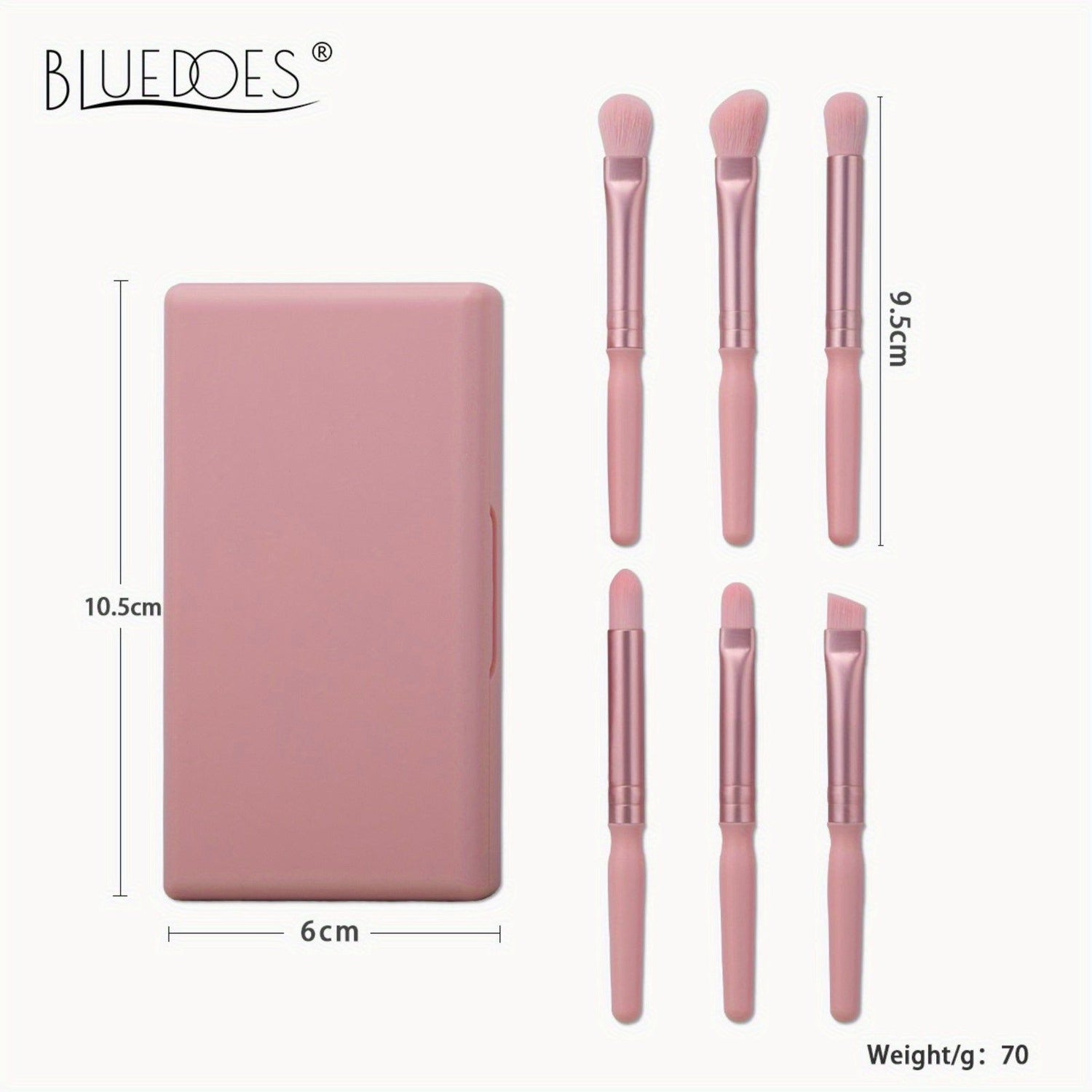 Compact pink makeup brush set with six dual-ended eye tools and travel case, ideal for beginners and precise cosmetic application.