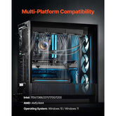Computer case with visible components and text about multi-platform compatibility on a black background