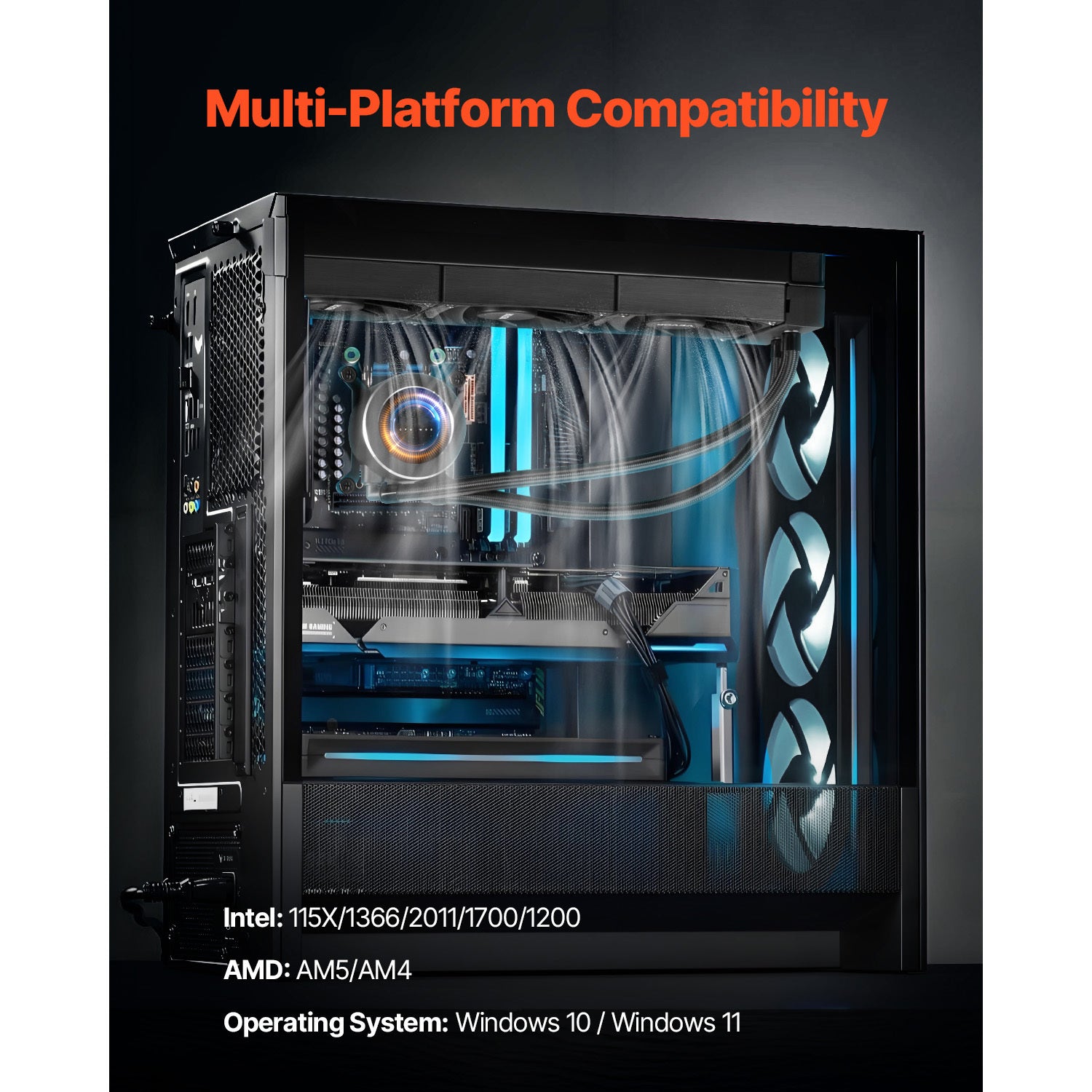 Computer case with visible components and text about multi-platform compatibility on a black background