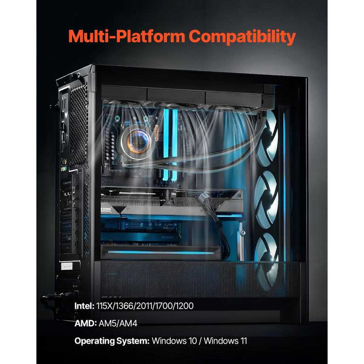 Computer case with visible components and text about multi-platform compatibility on a black background