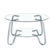 Side angle of Vintage Metal Frame Coffee Table - Glass Top | 31.5 Inches showing tempered glass shelves and metal frame.