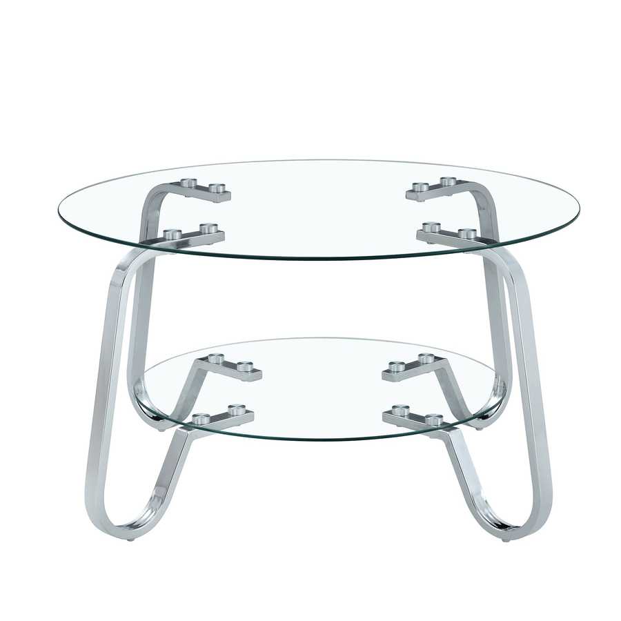 Side angle of Vintage Metal Frame Coffee Table - Glass Top | 31.5 Inches showing tempered glass shelves and metal frame.